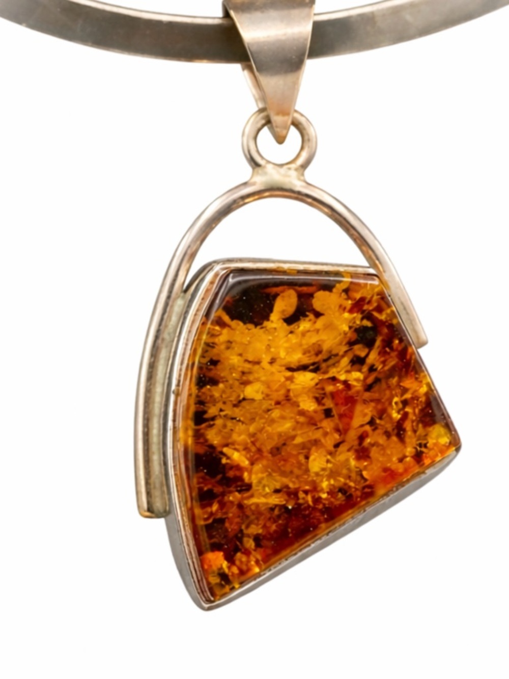 Large Honey Amber Pendant in Sterling Silver Modern Art Design
